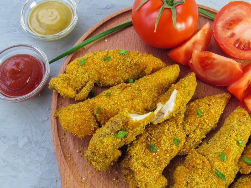 Honey Mustard chicken tenders dipped in golden sauce